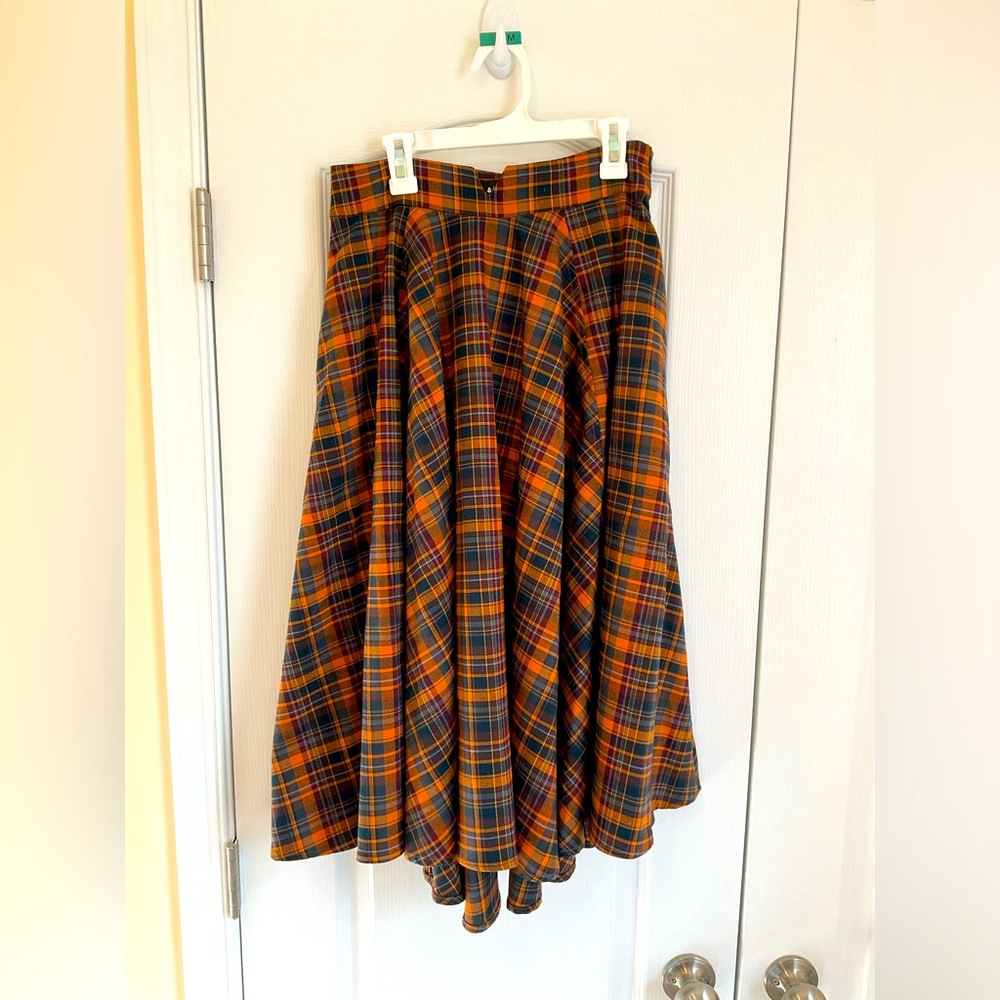 ModCloth Bright and Beautiful Swing Midi Skirt in Orange Plaid — Size 10UK